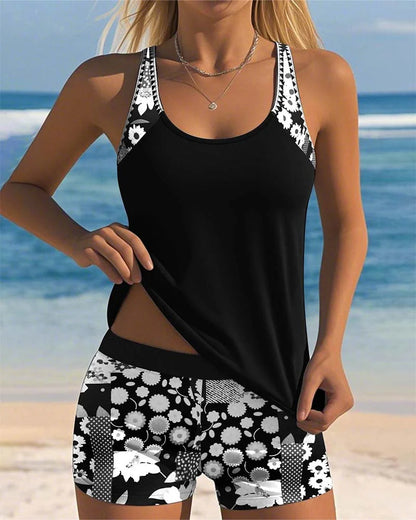 Women's floral print tankini shorts matching set swimsuit with adjustable straps – Black