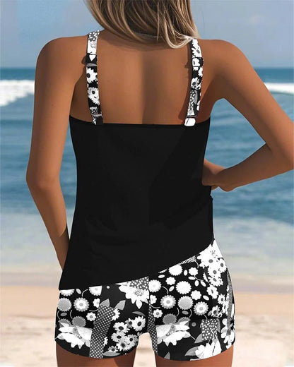 Women's floral print tankini shorts matching set swimsuit with adjustable straps