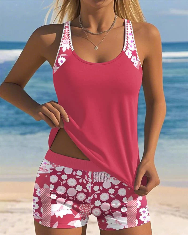 Women's floral print tankini shorts matching set swimsuit with adjustable straps – Pink