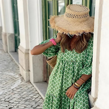 Women's floral print tiered maxi dress with V-neck and 3/4-length puff sleeves