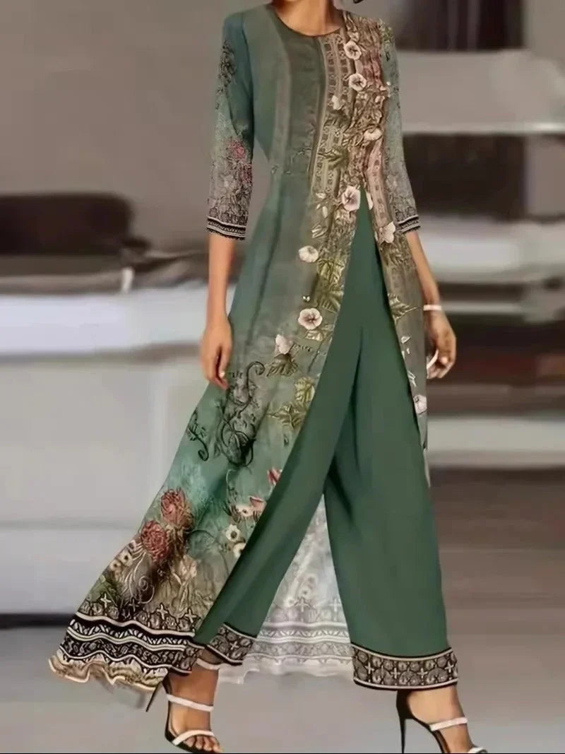 Women's floral print two-piece outfit with 3/4-sleeve top and womens wide leg pants – Green