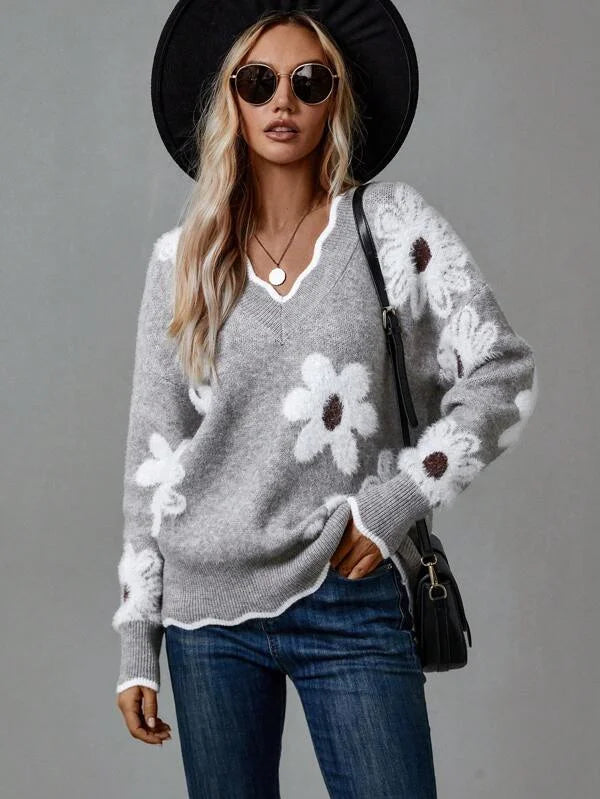 Women's floral pullover knit sweater with V-neck, scalloped trim and textured flowers
