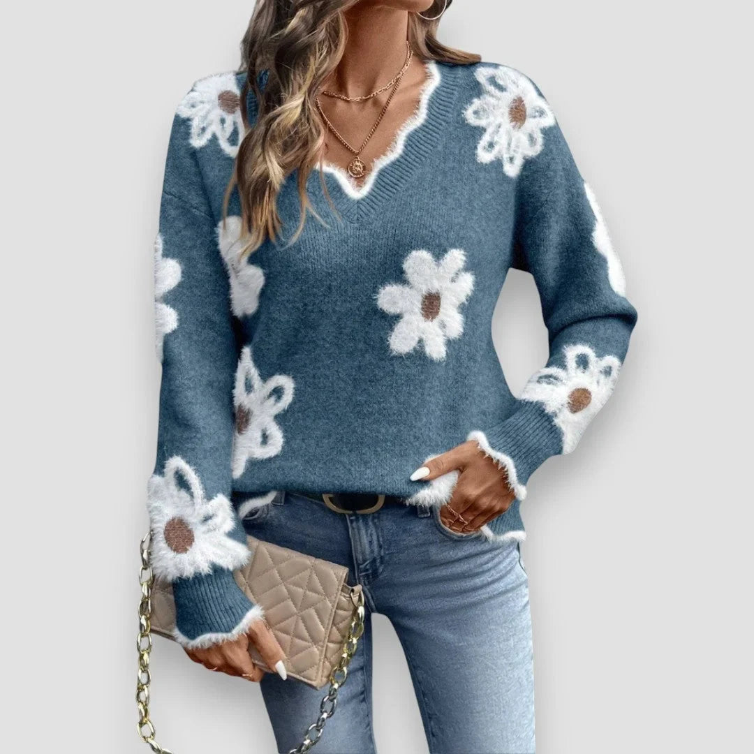 Women's floral pullover knit sweater with V-neck, scalloped trim and textured flowers