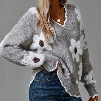 Women's floral pullover knit sweater with V-neck, scalloped trim and textured flowers – Grey