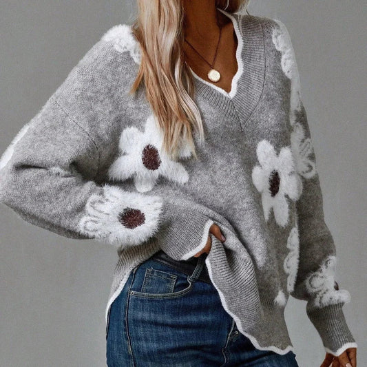 Women's floral pullover knit sweater with V-neck, scalloped trim and textured flowers – Grey