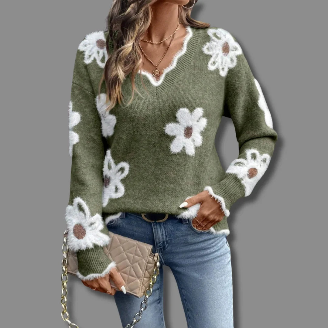 Women's floral pullover knit sweater with V-neck, scalloped trim and textured flowers – Green