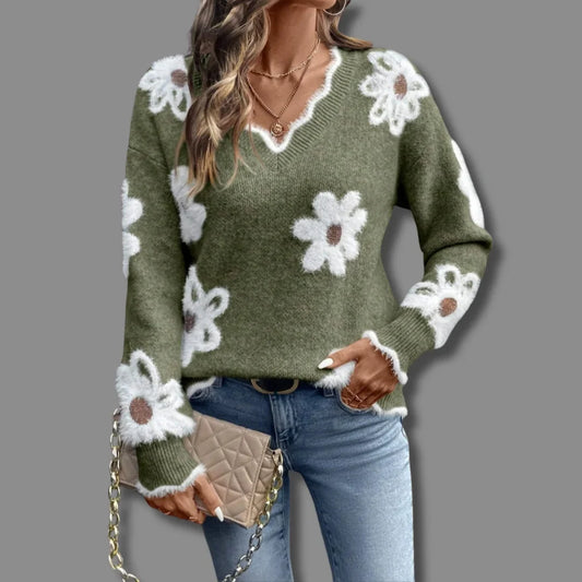 Women's floral pullover knit sweater with V-neck, scalloped trim and textured flowers – Green