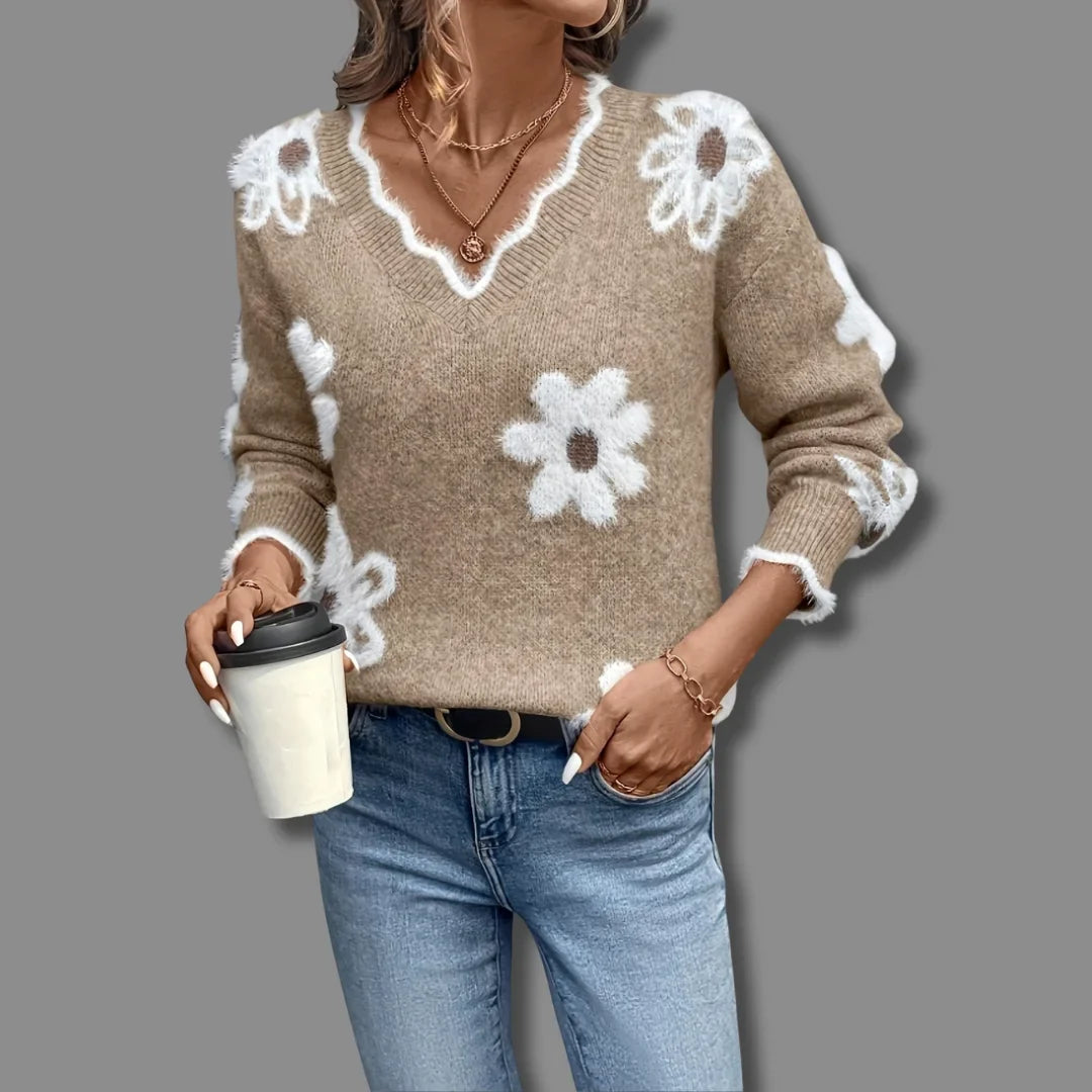 Women's floral pullover knit sweater with V-neck, scalloped trim and textured flowers – Khaki