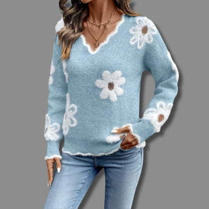 Women's floral pullover knit sweater with V-neck, scalloped trim and textured flowers – Light Blue