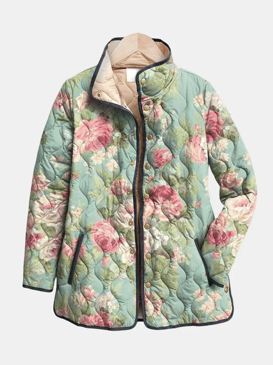 Women's floral quilted jacket with snap-button stand-up collar – Multicolor