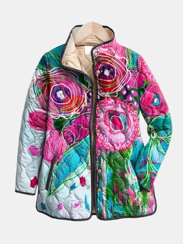 Women's floral quilted long-sleeve jacket with stand-collar – Multicolor