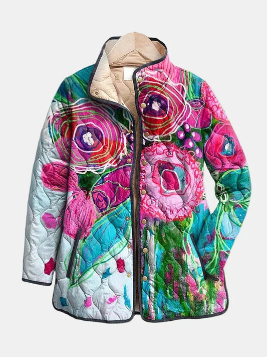 Women's floral quilted long-sleeve jacket with stand-collar – Multicolor