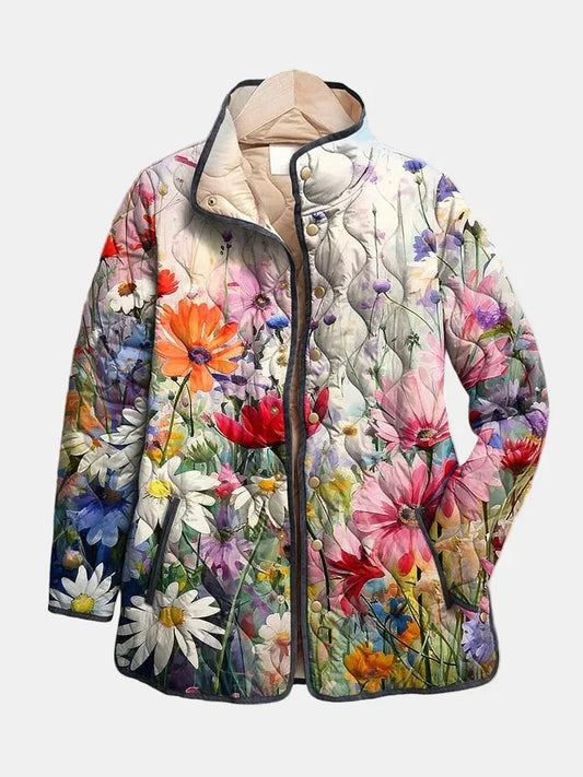 Women's floral quilted mid-length jacket with stand-up collar and snap-button closure – Multicolor