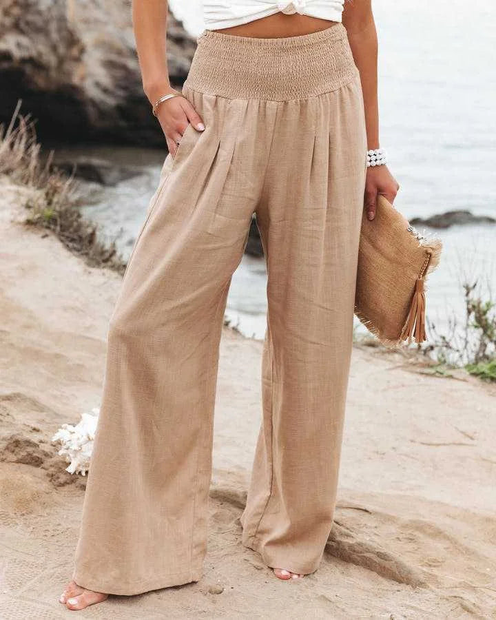Women's flowing womens wide leg pants with smocked high-waist – Beige (Almost Sold Out)