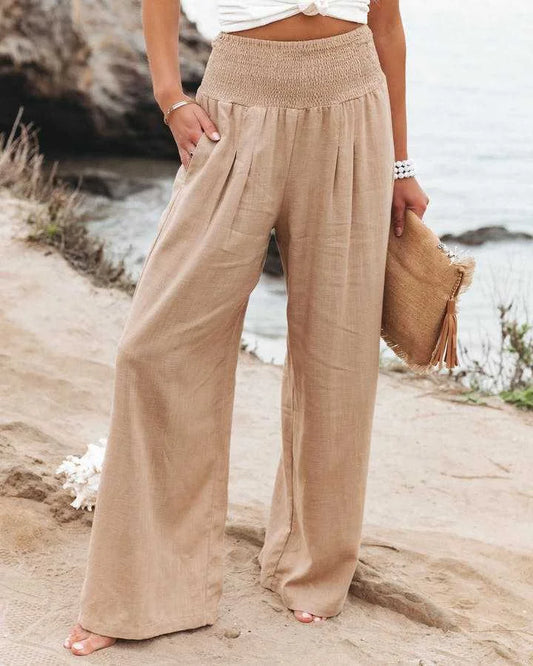 Women's flowing womens wide leg pants with smocked high-waist – Beige (Almost Sold Out)