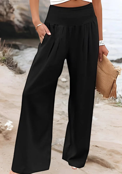 Women's flowing womens wide leg pants with smocked high-waist – Black
