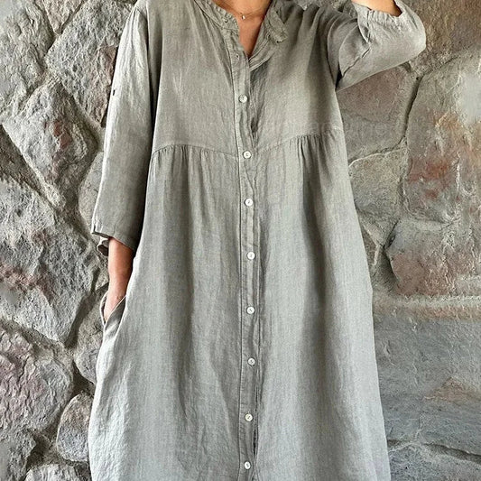 Women's flowy linen button-front midi dress with V-neck and 3/4-sleeve – Grey
