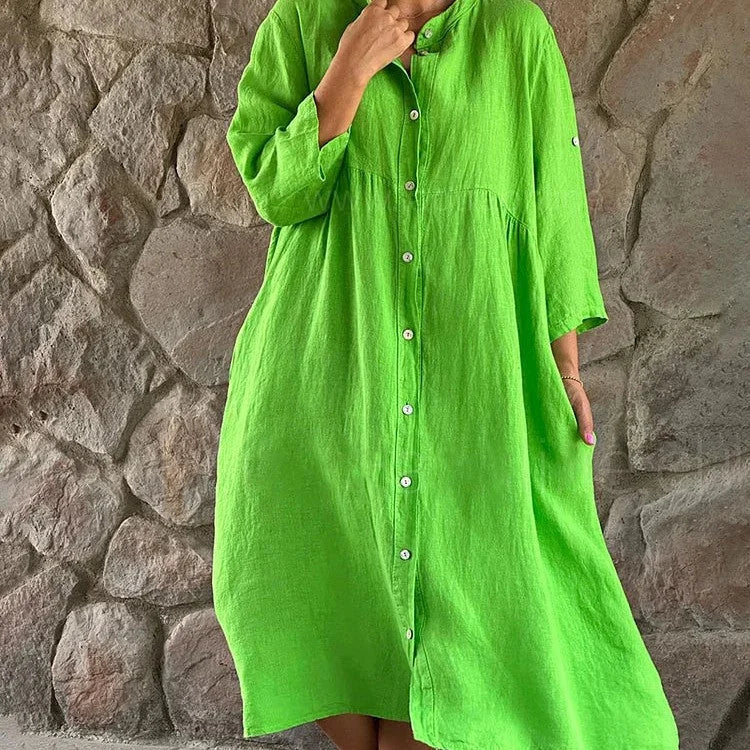 Women's flowy linen button-front midi dress with V-neck and 3/4-sleeve – Green