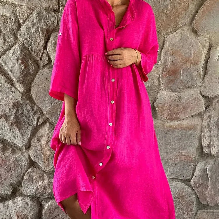Women's flowy linen button-front midi dress with V-neck and 3/4-sleeve – Pink