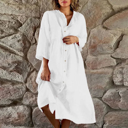Women's flowy linen button-front midi dress with V-neck and 3/4-sleeve – White