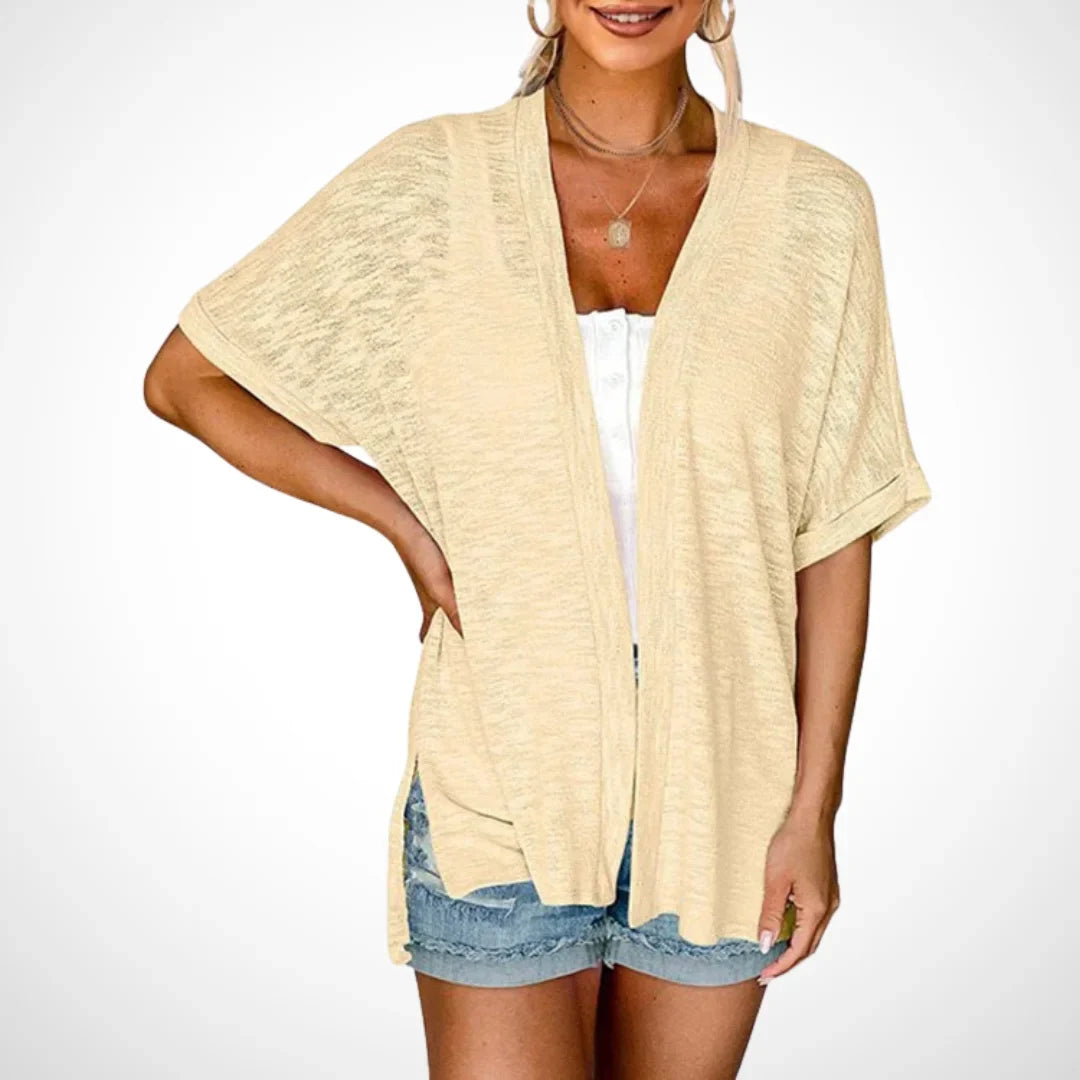 Women's flowy short-sleeve open-front cardigan sweater with side slits – Apricot