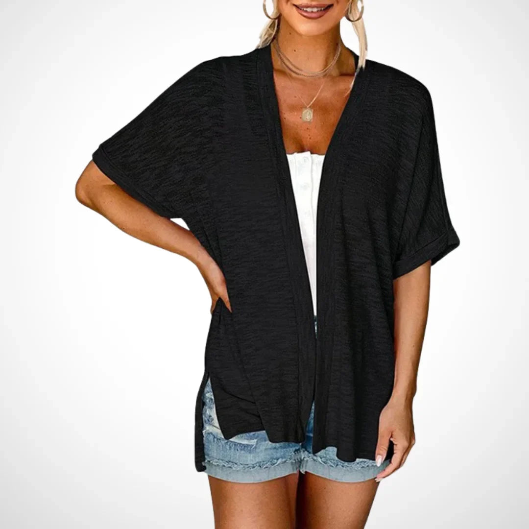 Women's flowy short-sleeve open-front cardigan sweater with side slits – Black