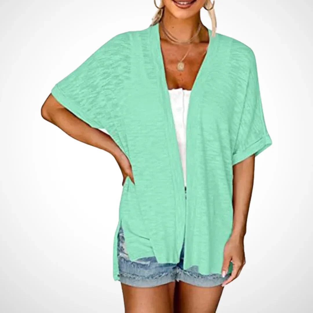 Women's flowy short-sleeve open-front cardigan sweater with side slits – Jade Green
