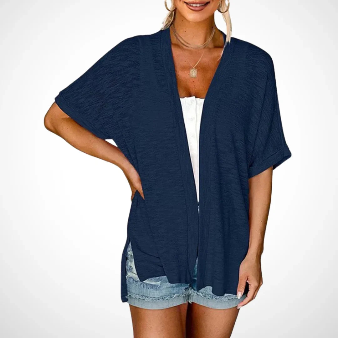 Women's flowy short-sleeve open-front cardigan sweater with side slits – Navy Blue