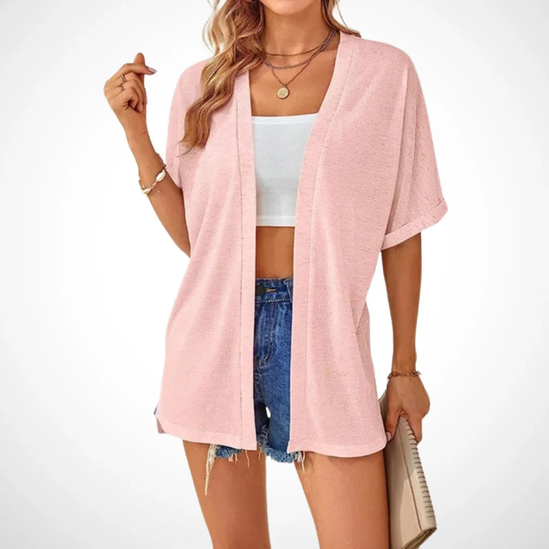 Women's flowy short-sleeve open-front cardigan sweater with side slits – Pink
