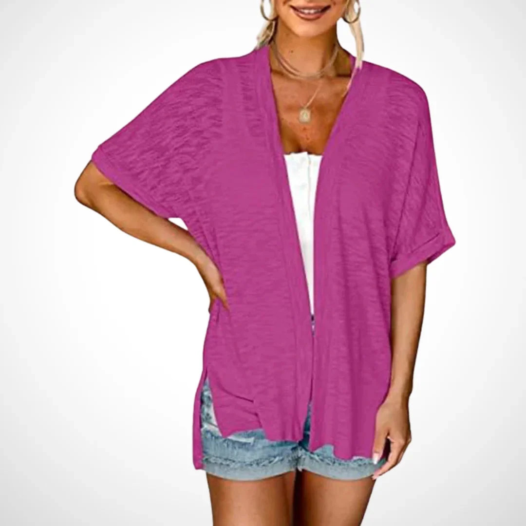 Women's flowy short-sleeve open-front cardigan sweater with side slits – Rose Red