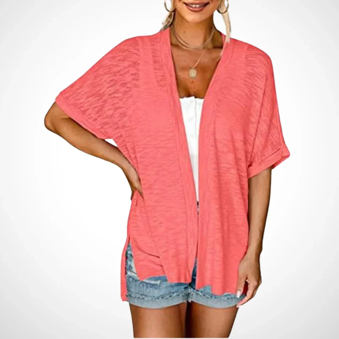 Women's flowy short-sleeve open-front cardigan sweater with side slits – Watermelon Red