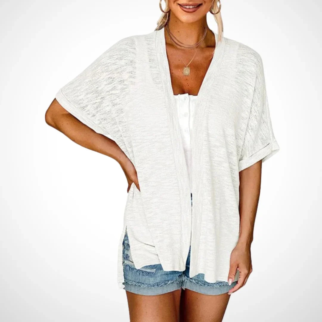 Women's flowy short-sleeve open-front cardigan sweater with side slits – White