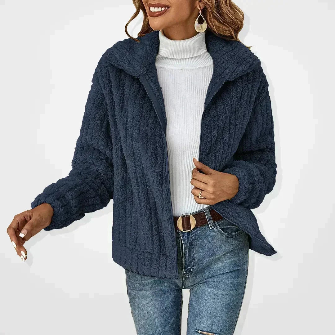 Women's fluffy relaxed-fit fleece jacket with collared full-zip long-sleeve design – Navy blue