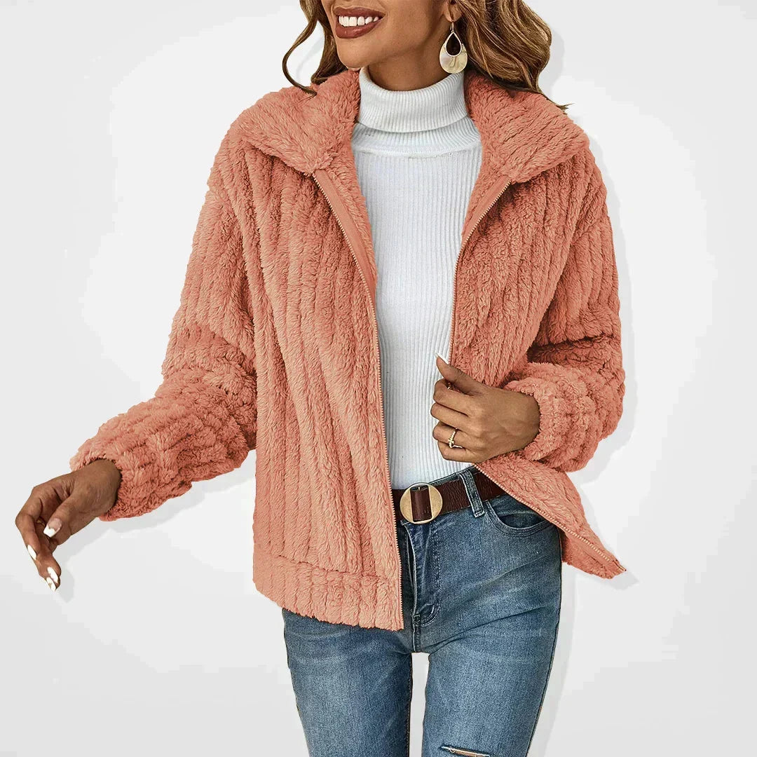 Women's fluffy relaxed-fit fleece jacket with collared full-zip long-sleeve design – Pink