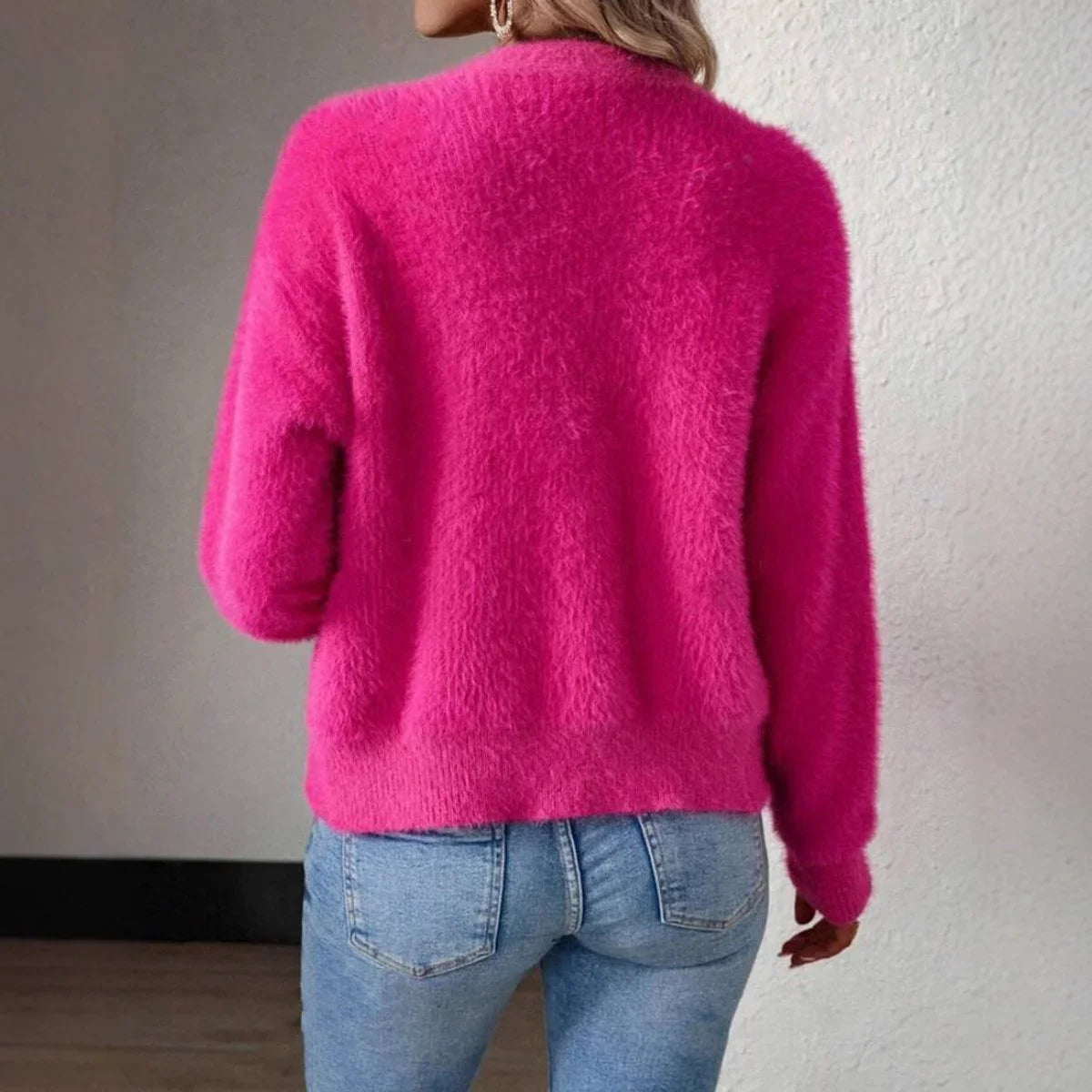 Women's fluffy V-neck button-front knit cardigan
