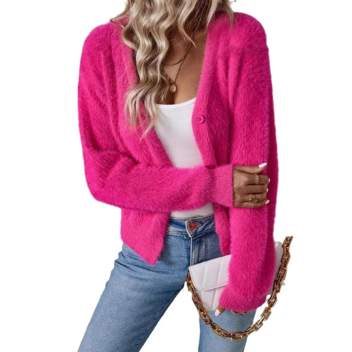 Women's fluffy V-neck button-front knit cardigan