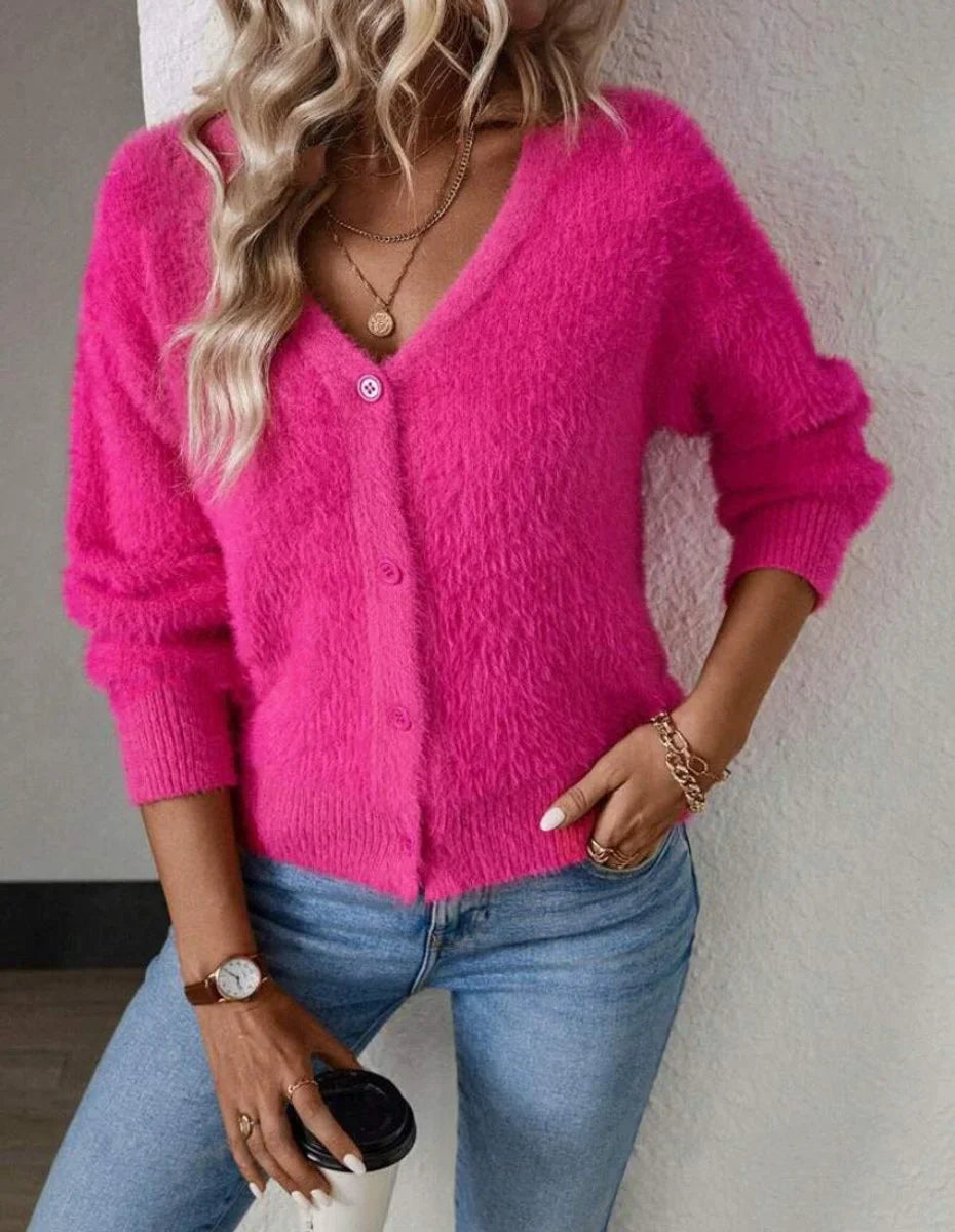Women's fluffy V-neck button-front knit cardigan – Magenta