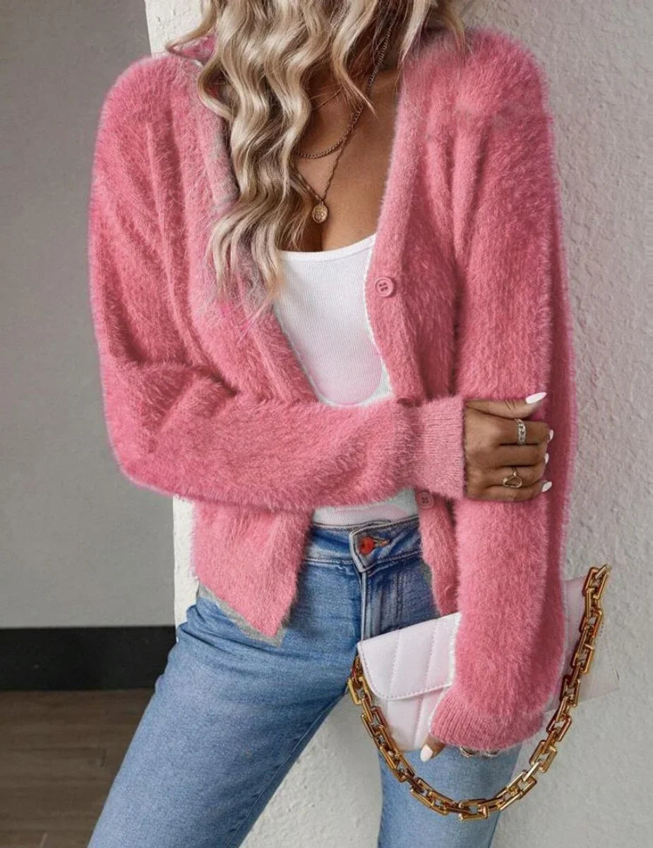 Women's fluffy V-neck button-front knit cardigan – Pink