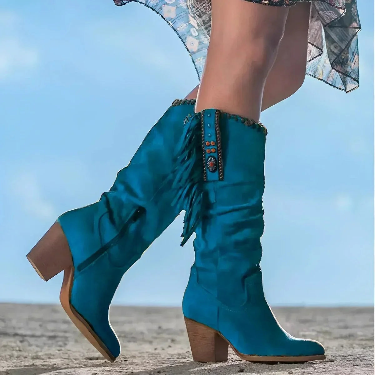 Women's fringe suede western knee high boots block heel – Blue
