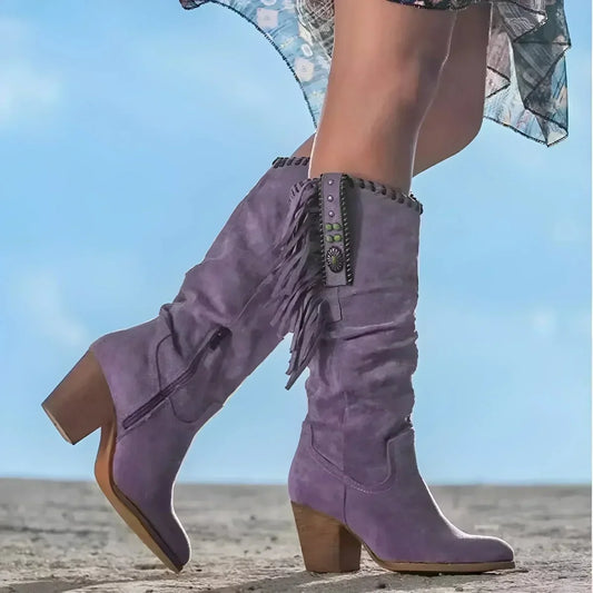 Women's fringe suede western knee high boots block heel – Purple