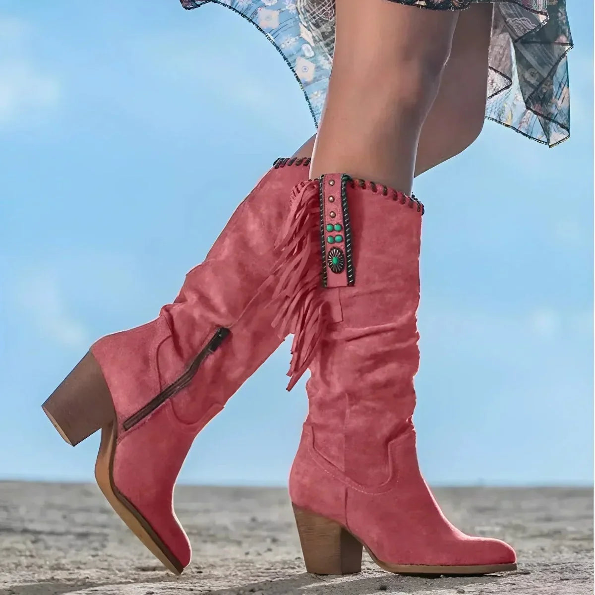 Women's fringe suede western knee high boots block heel – Red