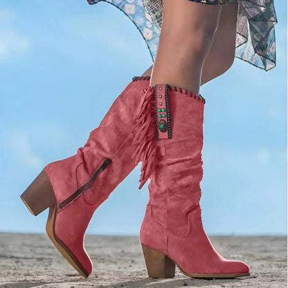 Women's fringe suede western knee high boots block heel – Red
