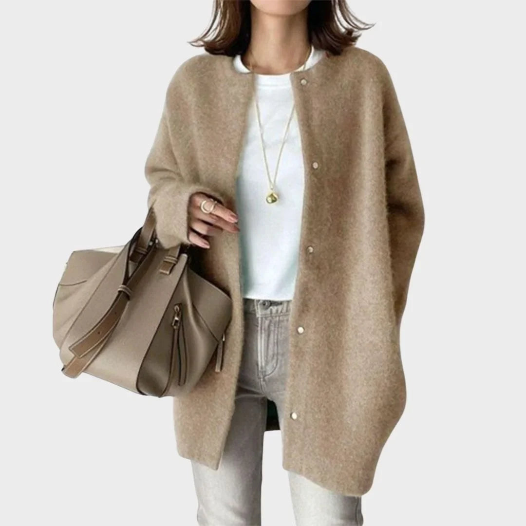 Women's fuzzy knit longline relaxed cardigan with round neck button closure