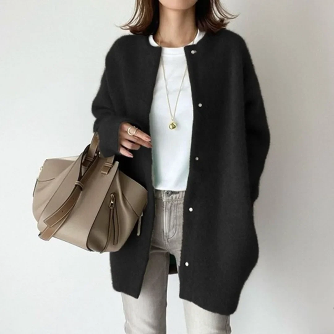 Women's fuzzy knit longline relaxed cardigan with round neck button closure – Black