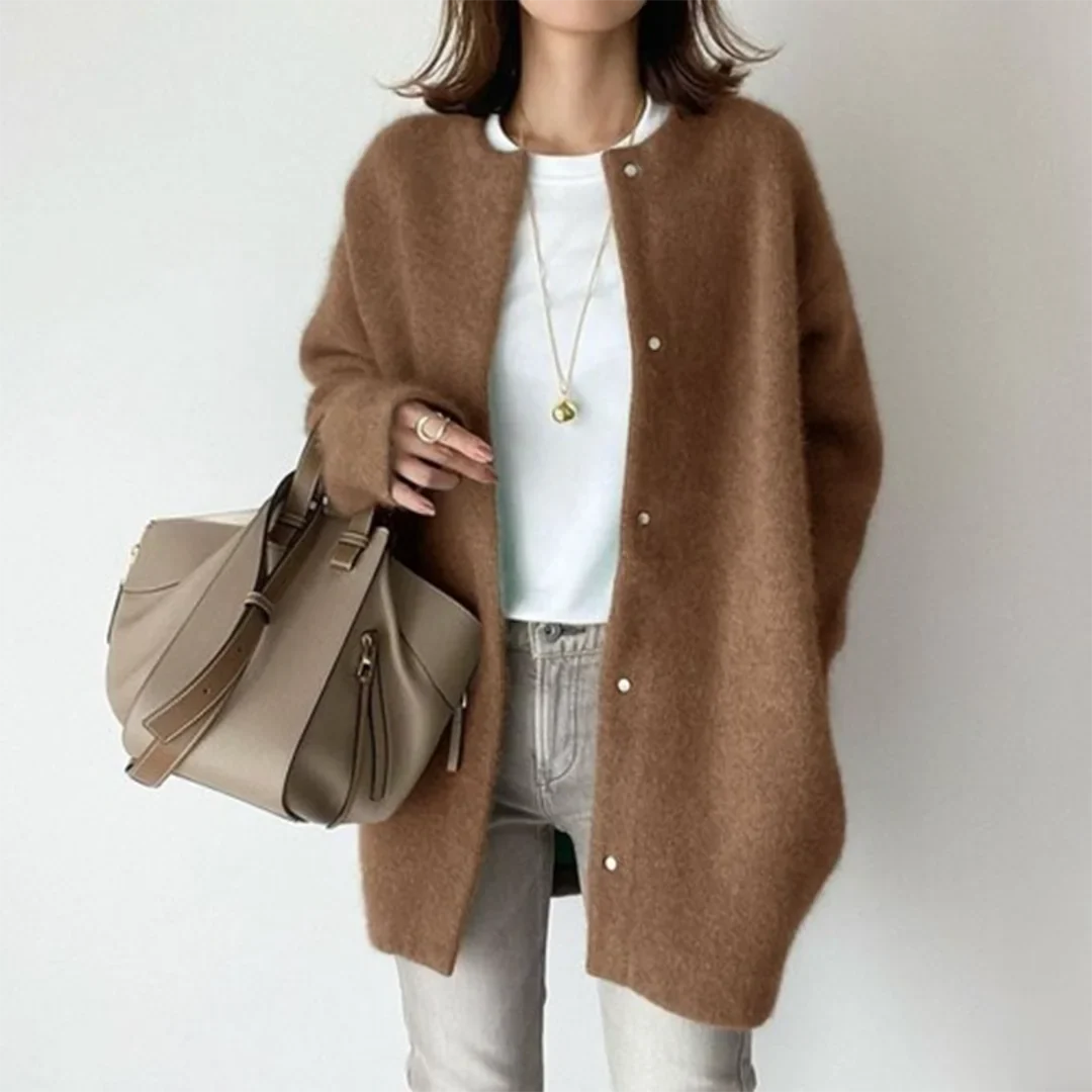 Women's fuzzy knit longline relaxed cardigan with round neck button closure – Brown