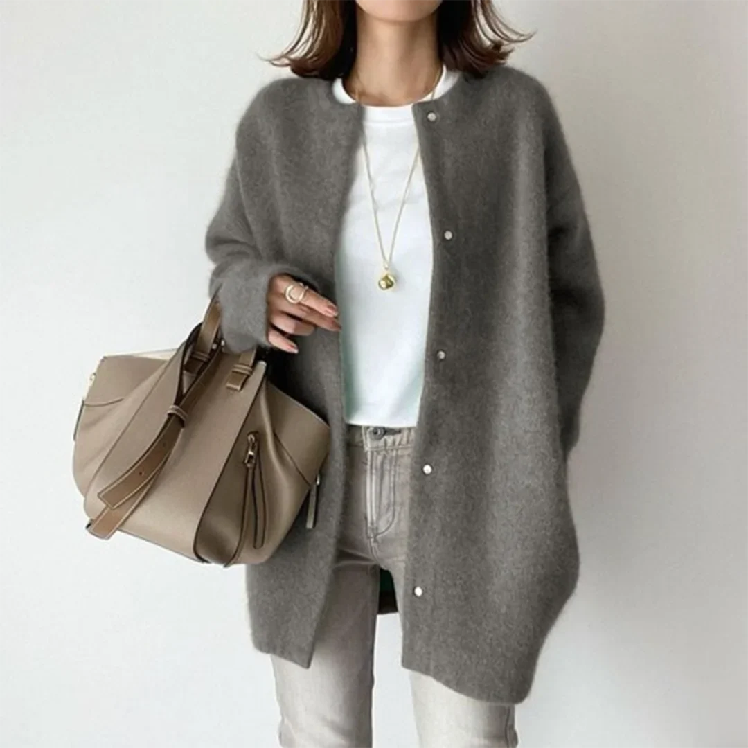 Women's fuzzy knit longline relaxed cardigan with round neck button closure – Dark Grey