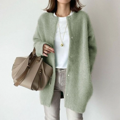 Women's fuzzy knit longline relaxed cardigan with round neck button closure – Green
