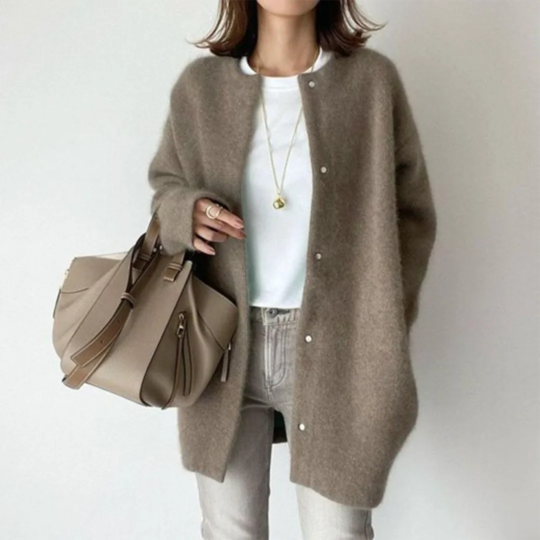 Women's fuzzy knit longline relaxed cardigan with round neck button closure – Light Grey