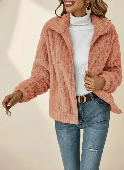 Women's fuzzy peach casual fleece jacket with wide collar and full zip-front