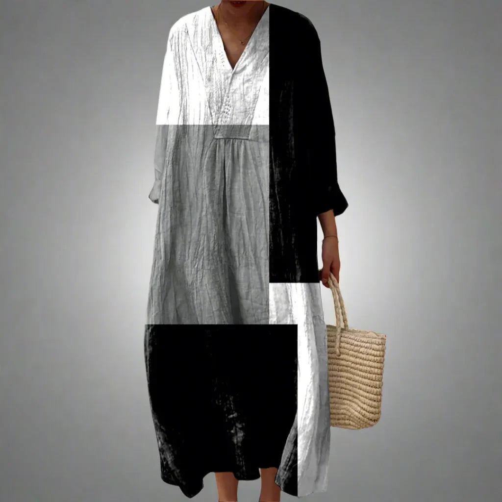 Women's geometric color-block midi dress with V-neck and 3/4-sleeves – Multicolor